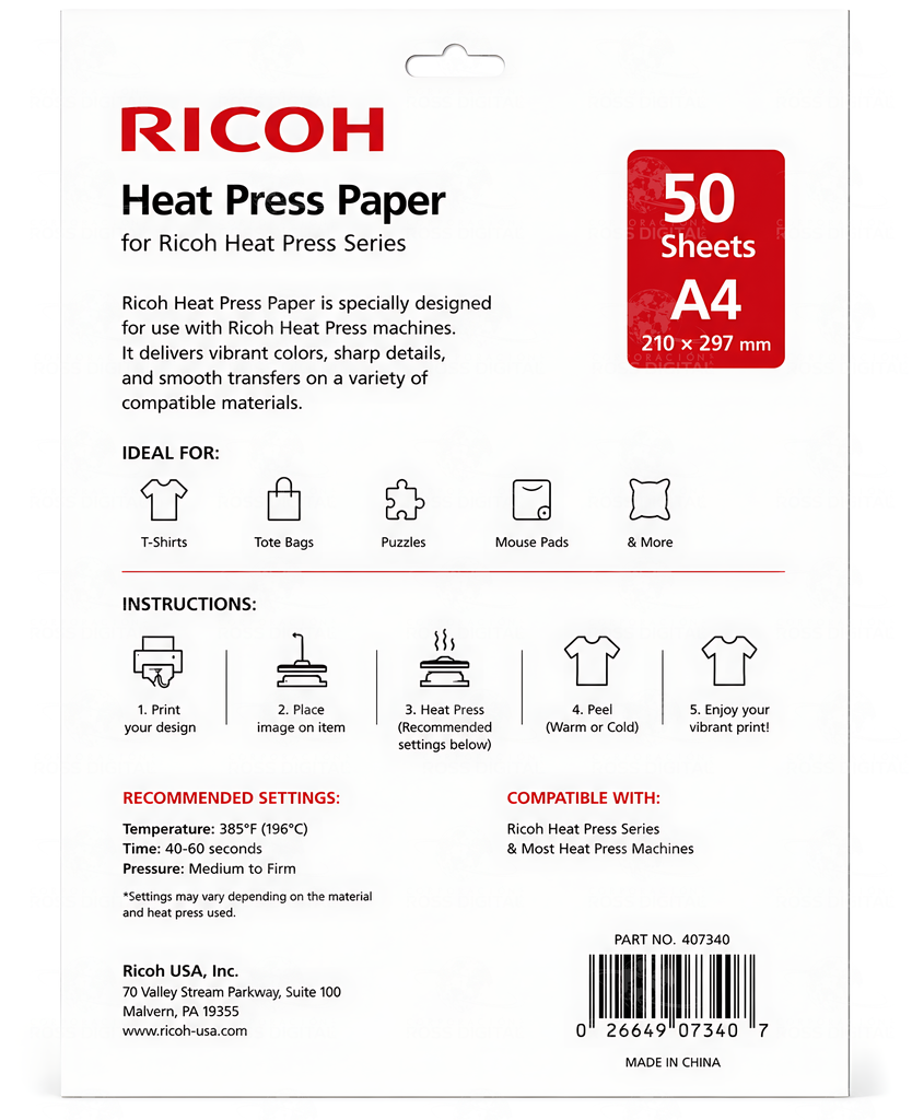 Papel Prensado en Caliente 50 Hojas Original Ricoh Para Sistemas DTG